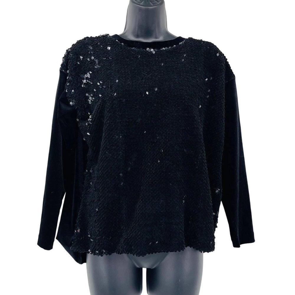 Maje Women's Black Sequin Open Back Top Size 2‎ M Luxury Black Long Sleeve